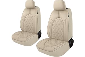 Caromop Luxury Leather Car Seat Covers Front Set, Anti-Stain Waterproof Automotive Seat Covers for Cars, Universal Car Interior Covers Seat Protectors for Sedans SUVs Pick-up Trucks (Beige/Beige Line)