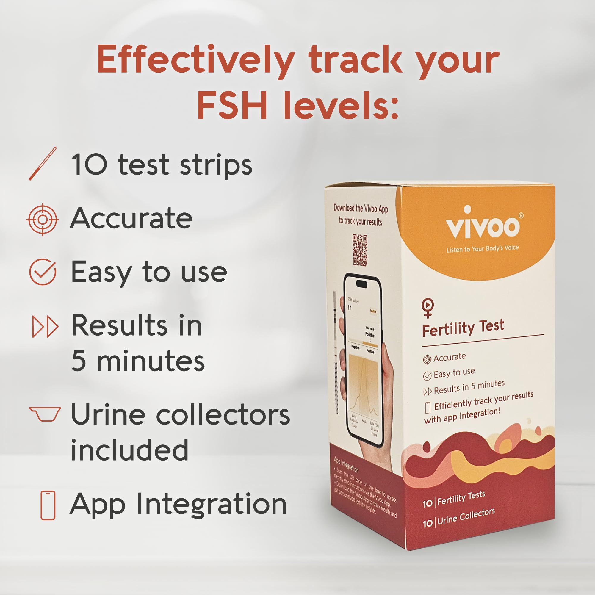 Vivoo Fertility Test, Monitor Your Ovarian Reserve at-Home, Scan & Track Your Results with Vivoo App, Individually Wrapped 10 Fsh Test Strips and 10 Urine Collector