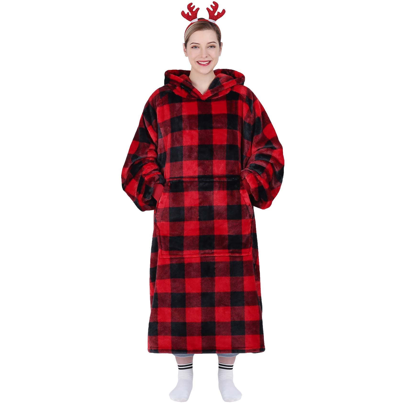 Waitu Wearable Blanket Hoodie Sweatshirt Gifts for Adult and Child, Super Warm and Cozy Giant Hoodie Blanket for Women and Men, Flannel Blanket with Sleeves and Giant Pocket - Red and Black Plaid