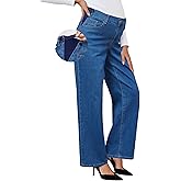 OUGES Womens Adjustable Waistband Cotton Blend Stretchy Maternity Jeans Loose Fit Straight Leg Denim Wide Leg Work Pants