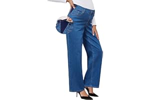 OUGES Womens Adjustable Waistband Cotton Blend Stretchy Maternity Jeans Loose Fit Straight Leg Denim Wide Leg Work Pants