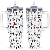 CHOKOMETRY 40 oz Christmas Tumbler With Handle Lid and Straw,5D Xmas Lights Snowflakes Print Stainless Steel Insulated Travel Mug Christmas Coffee Cup Gifts for Men Women