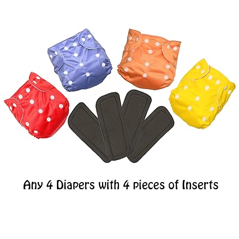 LILTOES Babys All in One Washable Reusable Adjustable Cloth Diapers with 5 Layer Bamboo Charcoal Insert (Multi-Colours) (Assorted Colours) (Pack of 8, 4 Diapers Plus 4 Inserts)