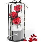 Amoueterno Flowers Forever Roses in A Box, 3 Real Roses with Stems and Bear, Eternal Rose Gifts for Her,Birthday Gifts for Women, Mom,Girlfriend,Grandma,Daughter,Red