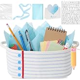 Colingmill 15''x11''x10 Back to School Woven Gift Basket Empty with Letter Stickers Tag Ribbon Tissue Paper &amp; Card, Storage Basket for Teacher Appreciation Party Favor (White,Blue,Notebook)