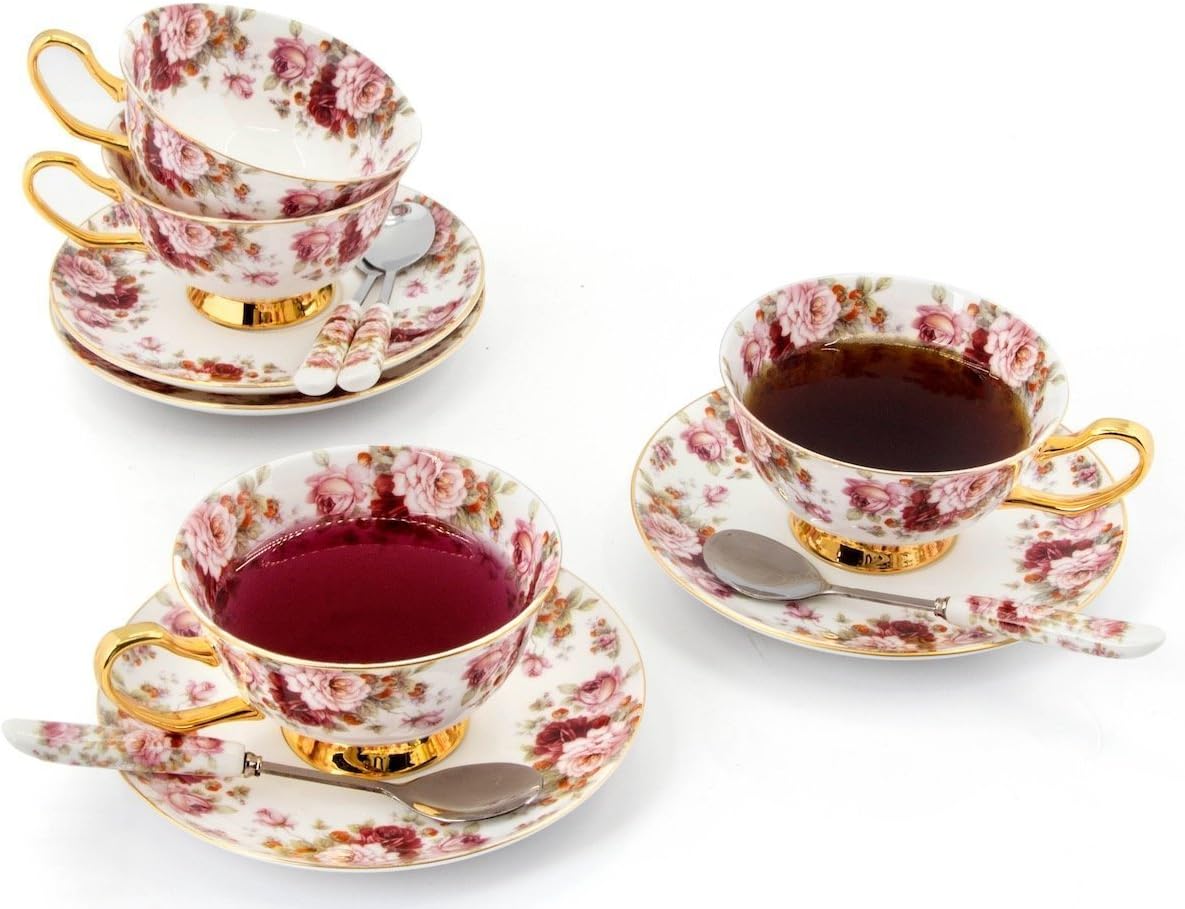 TouchLife Set of 4 Bone China Tea Cup Coffee Cup Set with Saucer and Spoon,Small Floral,White and Red,With Gift Box