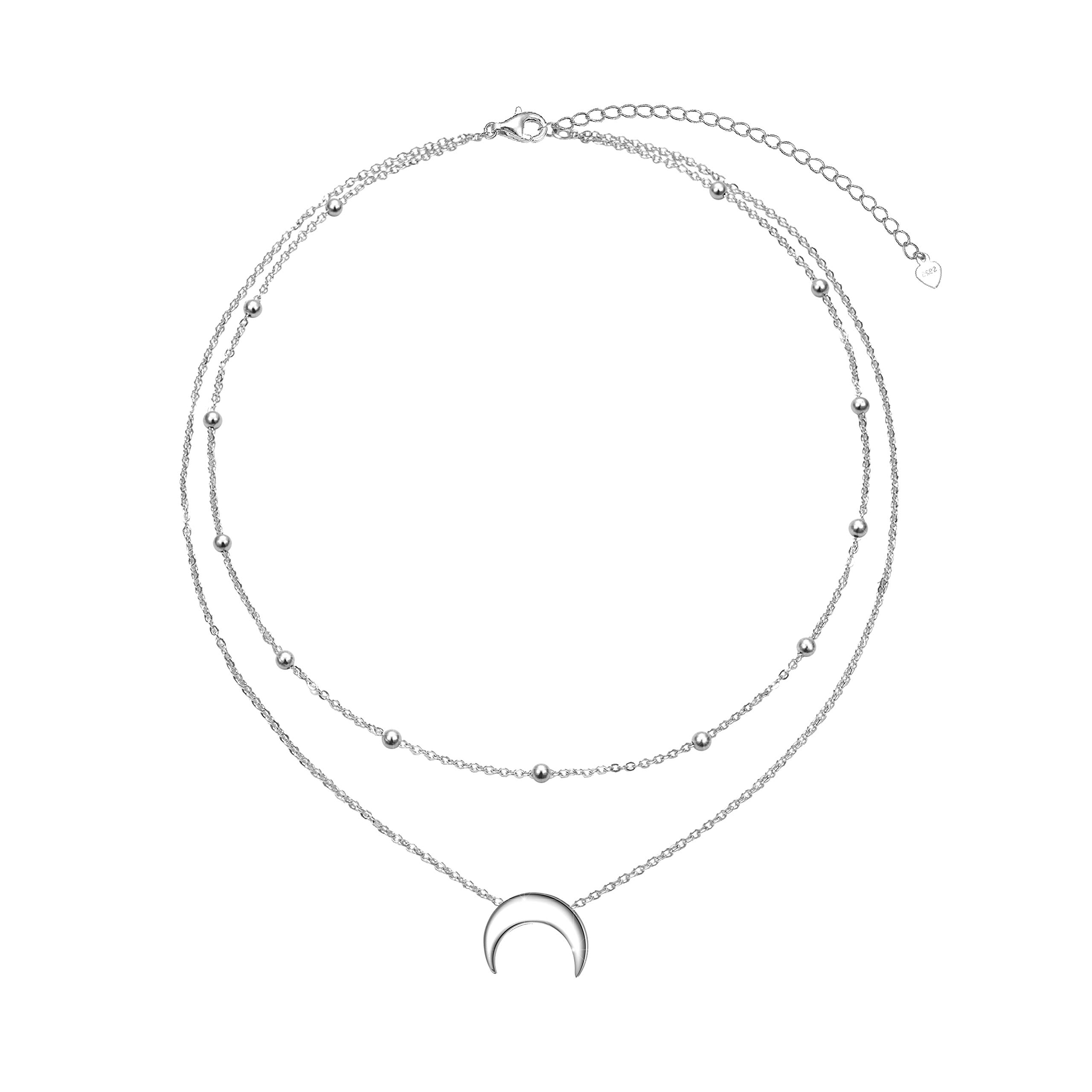 Flyow Crescent Layered Choker Necklace S925 Sterling Silver Moon Pendant Jewelry Adjustable Clavicle Necklace for Women Girls Birthday Gifts