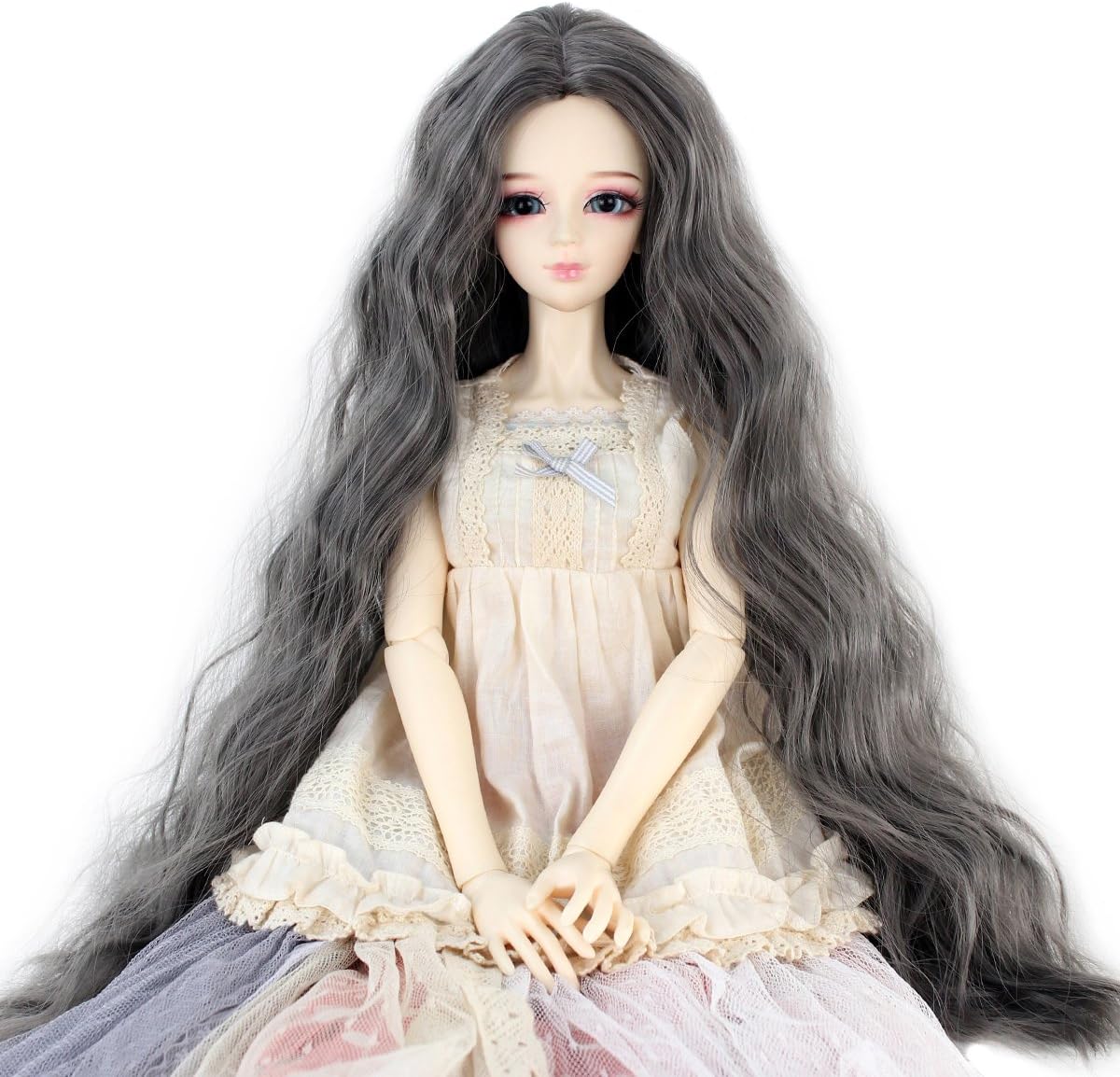Long Kinky Curly 9-10inch 1/3 BJD MSD DOD Dollfie Doll Hair Wig Centre Parting Hair Accessories Not for Human (dark grey)