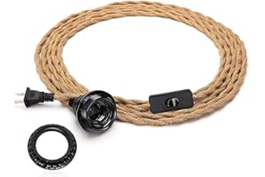 Vintage Plug in Hanging Light Kit, DORESshop Vintage 15FT Twisted Hemp Rope Pendant Light Cord Kit with On/Off Switch, Industrial Pendant Lighting E26 Socket for Pendant Lamp Farmhouse Lamp Cable DIY