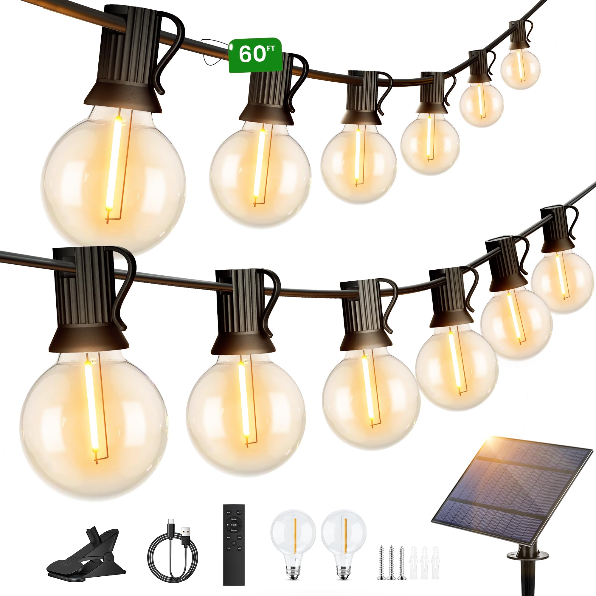 Torkase 60FT Solar String Lights Outdoor with Remote, Commercial Grade Patio Lights with 25+2 Shatterproof G40 Globe LED Filament Bulbs, Dimmable Outside Edison Hanging Light for Backyard Party Decor — image 1