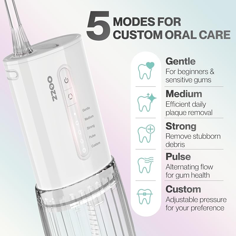 Travel Water Flosser, Schnurlose Taschenmunddusche, 5 Druckmodi, 6 Strahlspitzen, USB-wiederaufladbar, kompaktes Design, tragbare Munddusche (Wolke)