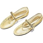 Coutgo Womens Mesh Ballet Flats Mary Jane Fishnet Ballerina Buckle Strap Comfortable Causal Dress Shoes