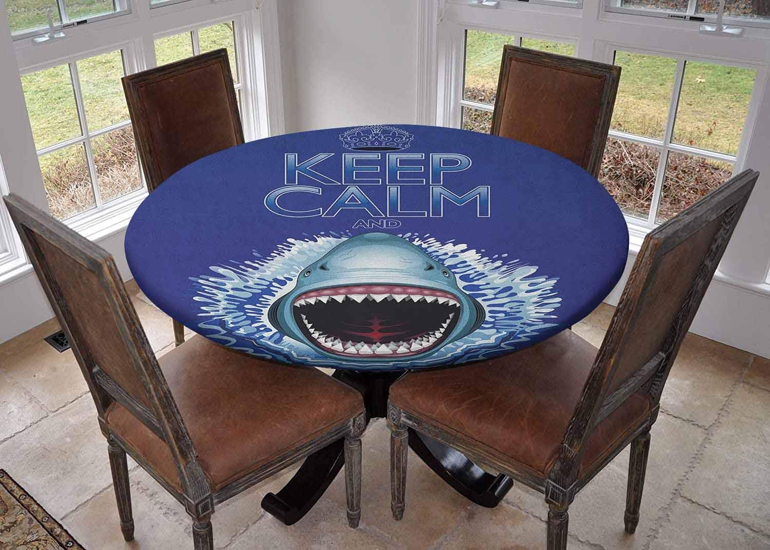 Round Tablecloth Kitchen Decoration,Table Cover with Elastic Edges,Diameter 60",Keep Calm and Shark Jaws Attack Predators Hunter Dangerous Wild Aquatic Nature Blue White,Foldable Tablecloth