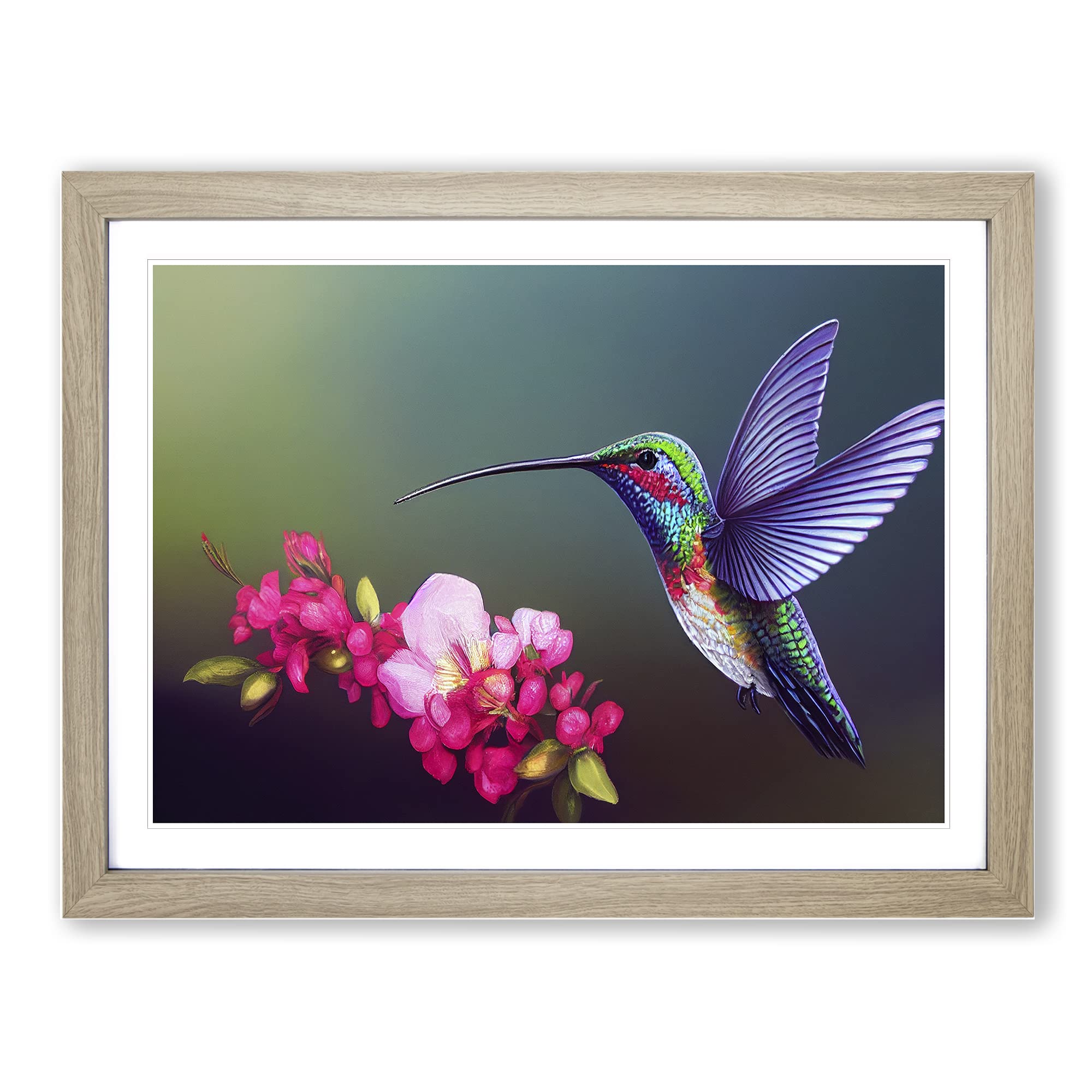 Unreal Floral Hummingbird Framed Print | A4 Oak Framed Wall Art | Ready to Hang | Modern Floral Picture | Living Room Bedroom Lounge Office