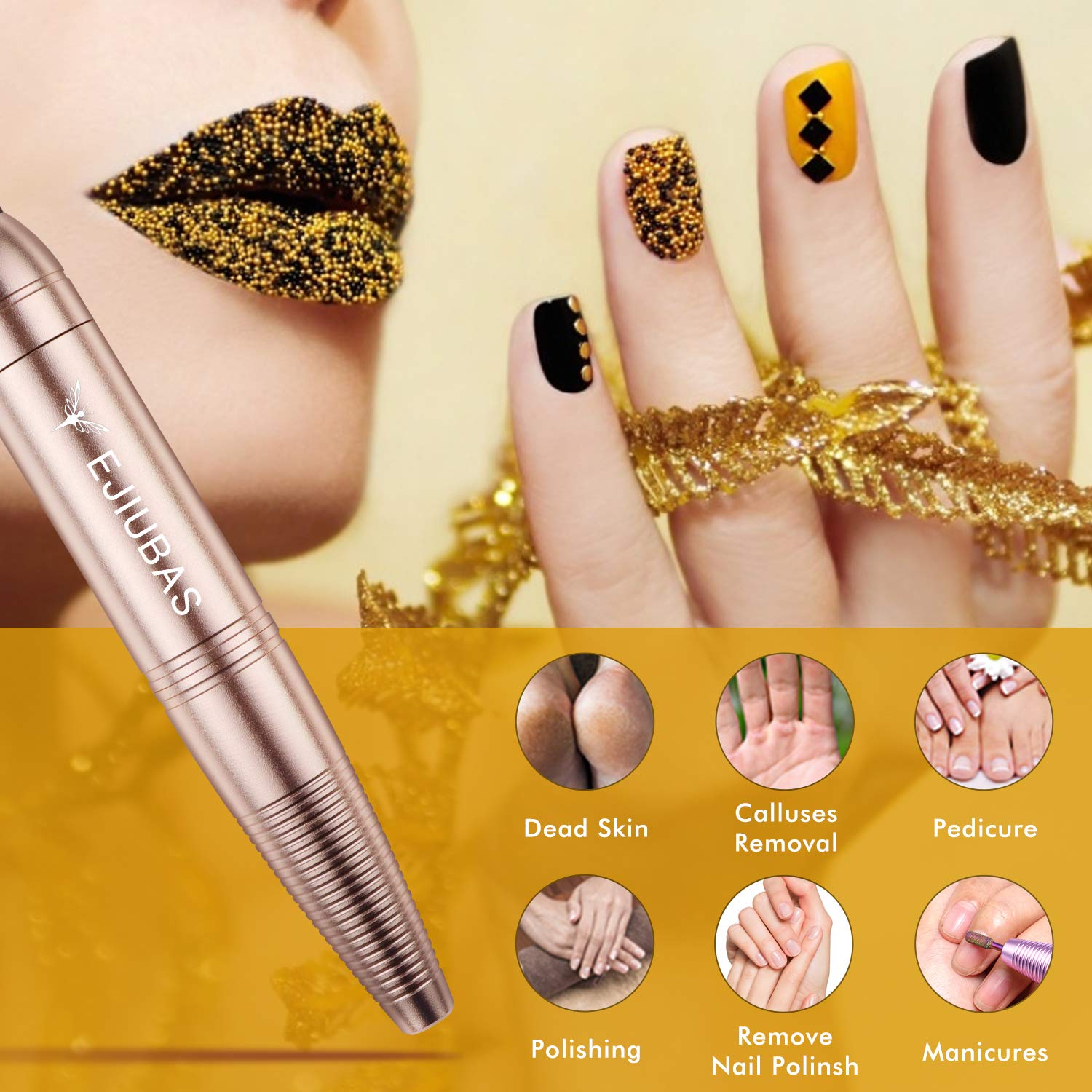 Electric Nail File Nail Drill - Ejiubas Portable Nail Drill Machine Nail Drills for Acrylic Nails Handpiece Drill Nail E File Manicure Pedicure Tool Set for Home Salon Golden: Beauty