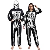 Halloween Skeleton Costume for Adults Full Body Jumpsuit with Hood and Face Print for Men Women One Piece Pajamas