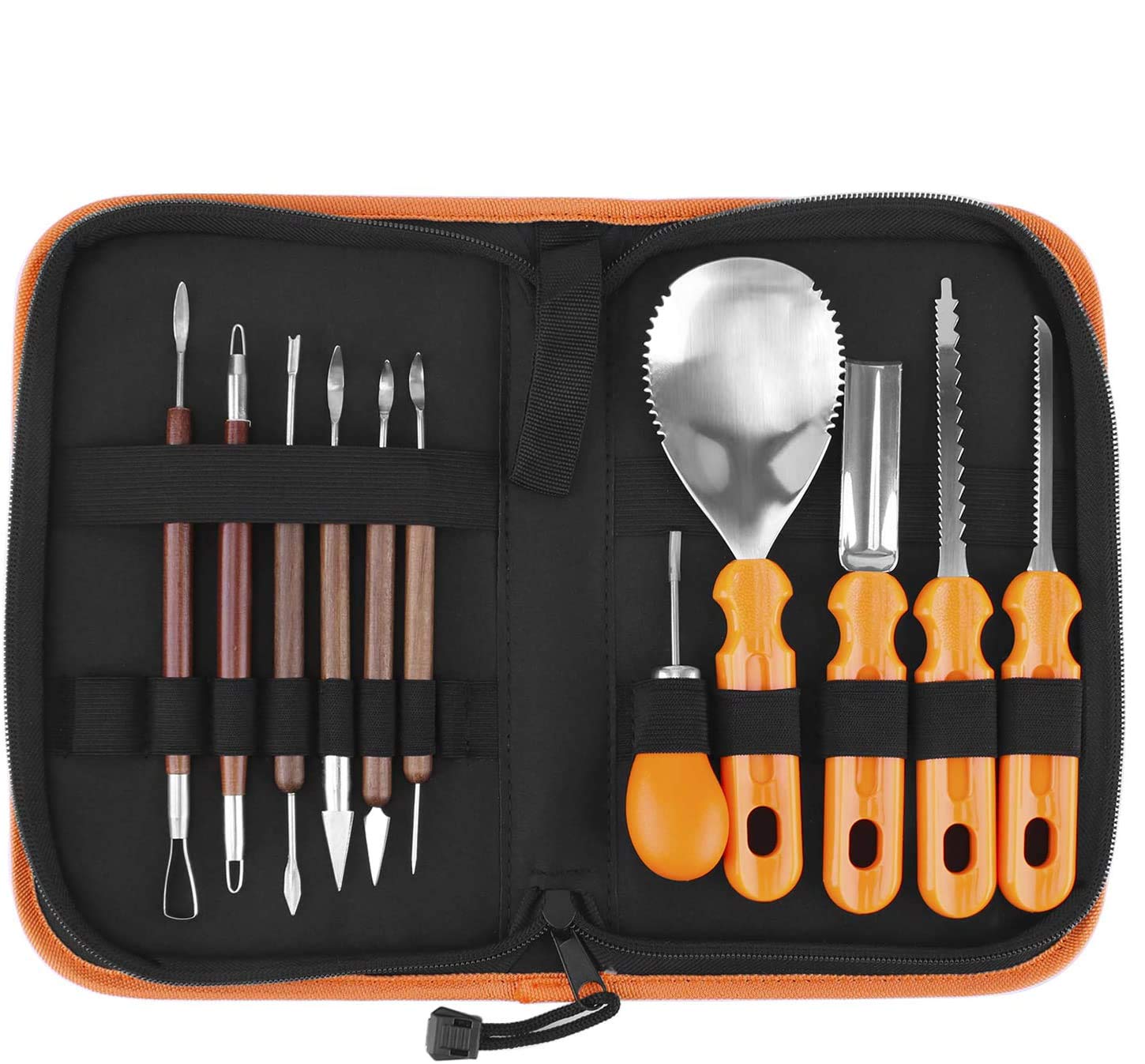 Photo 1 of Elmchee Halloween Pumpkin Carving Tools Kit, Halloween Jack-O-Lanterns 11 Piece Professional pumpkin cutting supplies tools Kit stainless steel lengthening and thickening with Handbag