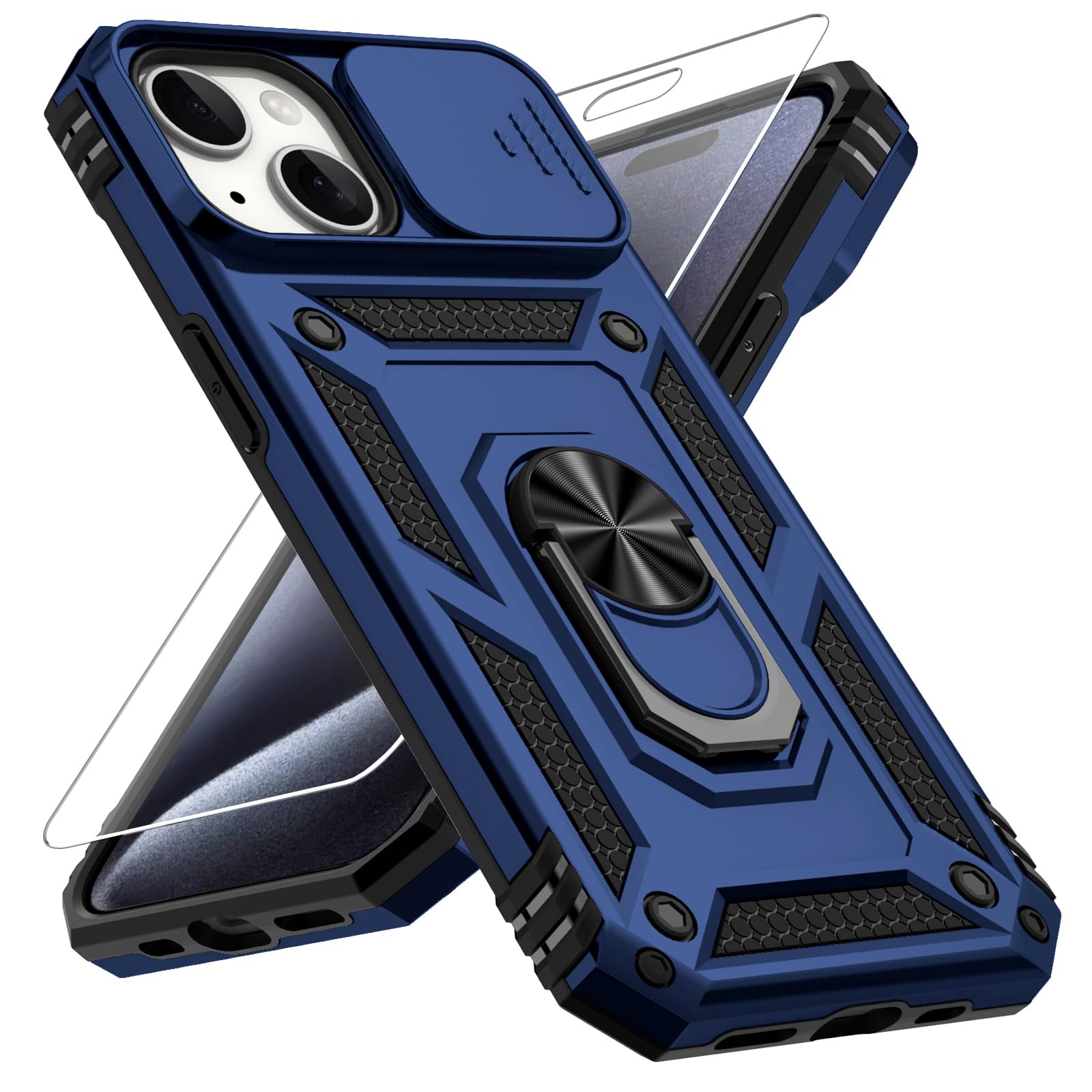 Photo 1 of Vinve for iPhone 15 Plus Case, Slide Lens Cover, HD Screen Protector, Military Grade Drop Protection, Magnetic Rotated Ring Holder Kickstand Protective Phone Case (Navy Blue)