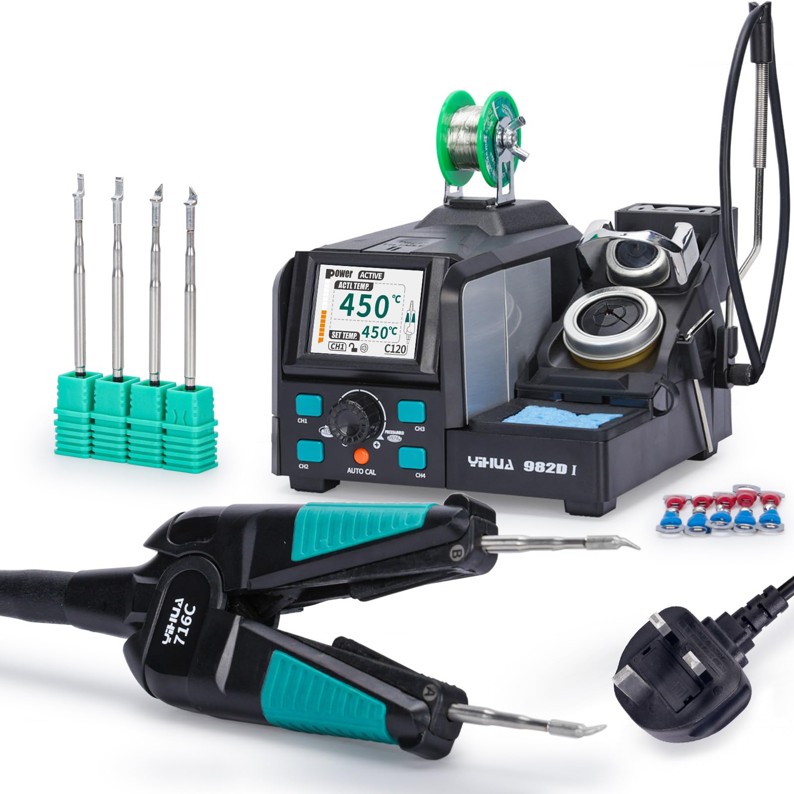 YIHUA 982D-I Precision Hot Tweezers Soldering Station with 4 Soldering Tips, Lead-Free Solder Wire, YIHUA 716C-Compatible Handpiece, AUTO Temp. Calibration, Sleep Mode, Full-Color Display (UK Plug)
