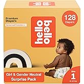 Hello Bello Premium Diapers, Size 1 (8-12 lbs) Surprise Pack for Girls - 128 Count, Hypoallergenic with Soft, Cloth-Like Feel - Assorted Girl & Gender Neutral Patterns
