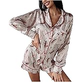 Tenopuli Women Christmas Pajamas Shorts Set 2 Piece Long Sleeve Button Down Shirt Cute V Neck Candy Cane Lounge Sleepwear
