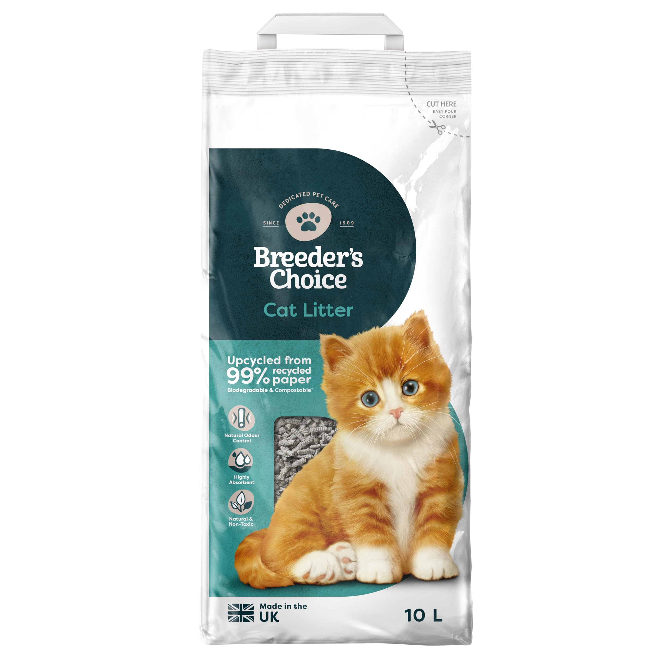 Breeder's Choice (Breeder Celect) All-Natural Cat Litter (10L) – 99% Recycled Paper, Highly Absorbent Kitten Cat Litter/Bedding, Excellent Odour Control, Non-Clumping, Biodegradable & Compostable