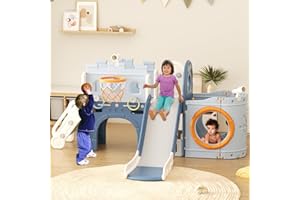 MOOITZ 10 in 1 Toddler Slide, Pirate Ship Design Kids Slide for Toddlers Age 1+, Toddler Play Climber Slide Playset with Basketball Hoop and Ball, Indoor Outdoor Toddler Slide Set (83.8" x 72.8")