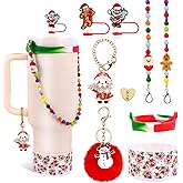 WINOWIMO Christmas Accessories Set for 30 & 40 Oz Stanley Cup; Silicone Tree Boot, Straw Covers, Pom-Pom & Santa Charms, Water Bottle Handles, Christmas Gifts