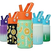 BJPKPK Insulated Water Bottle with Straw Lid, 15 oz Stainless Steel Metal Water Bottles, Reusable Leak Proof BPA Free Thermo, Flask, Cups - Elegant Lemon