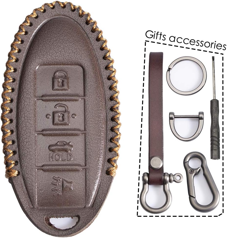 Lcyam Leather Key Fob Cover Brown with Metal Keychain Holder Fits for Infiniti Q70 Qx80 Nissan Leaf Sentra Murano Maxima Altima Versa Rogue Remote 4button