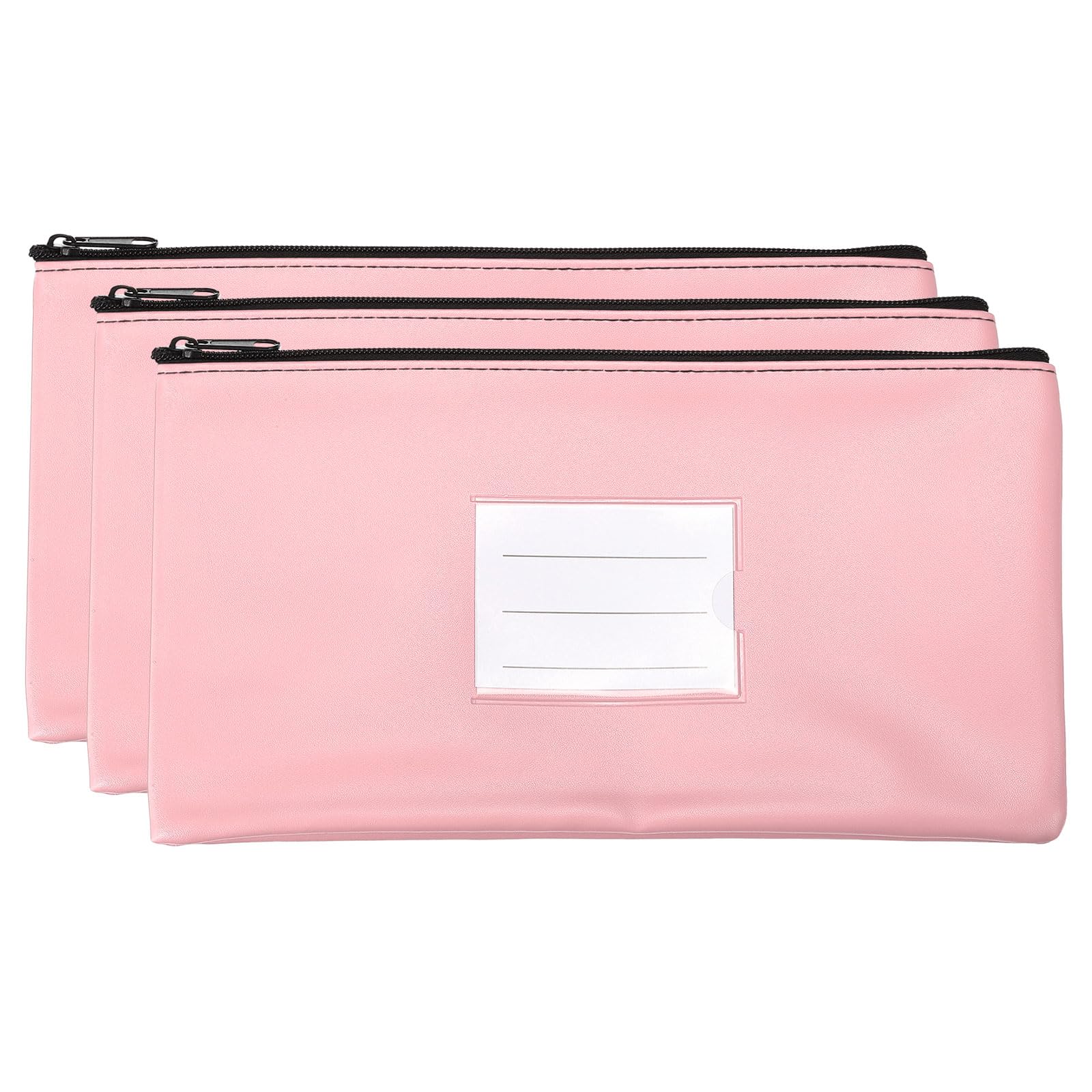 PATIKIL 11x6" Money Bank Deposit Bag with Zipper, 3 Pack Leatherette Cash Coin Check Wallet Pen Pouch Bag with Clear Window for Office Travel, Pink