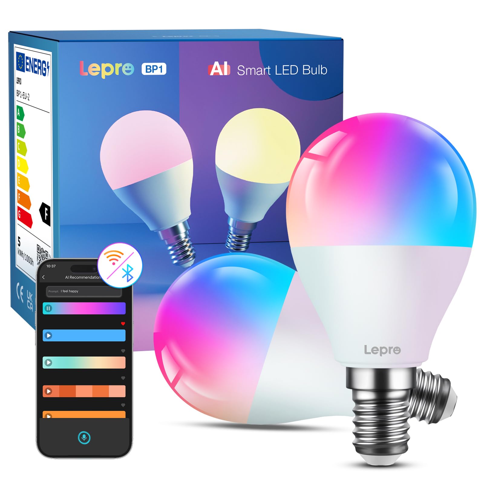Lepro BP1 AI Smart Bulb E14 RGBWW, Works with Alexa & Google Assistant, Music Sync, Colour Changing, 4.9W = 40W, 470lm Dimmable, App Voice Control, Personalized AI Lighting Designer, Pack of 2
