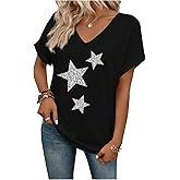 SweatyRocks Women's V Neck Dolman Short Sleeve Star Print Tee Shirts Summer Tops