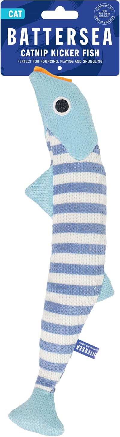 Rosewood Battersea Cat Kicker Fish Toy Blue White Striped 30 cm Catnip-Infused