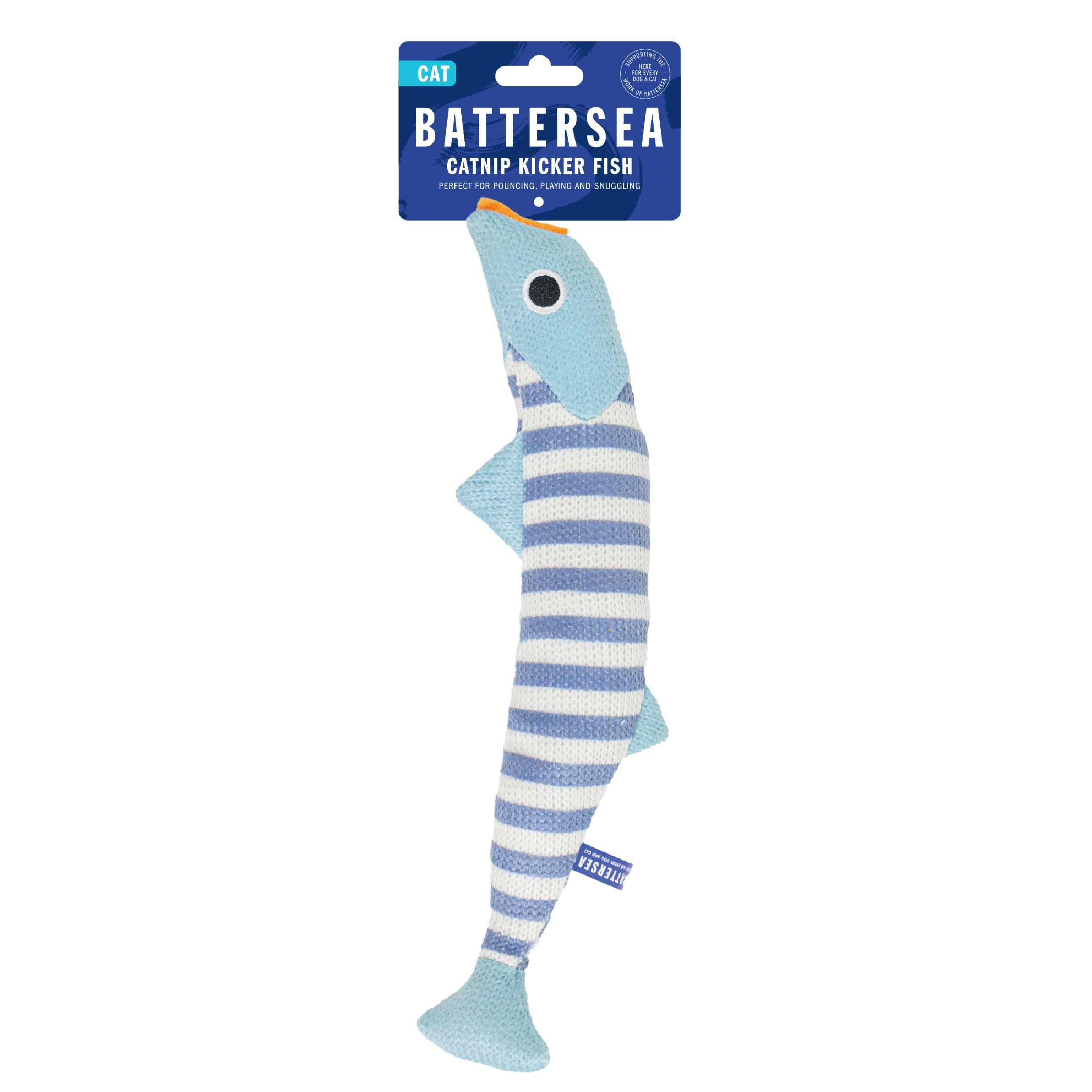Rosewood Battersea Cat Kicker Fish Toy – Blue/White Striped Plush Cat Toy for Cats and Kittens, Catnip-Infused, Interactive Kicker for All Breeds, UK Charity Partnership – 30 cm