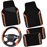 CAR PASS Leather Steering Wheel Cover and Waterproof Car Floor Mats,Microfiber Universal Car Combo Fit for 95% Sedan SUV Van Truck,14.5-15inch Sporty Anti-Slip Safety Comfortable Design, Black&Orange