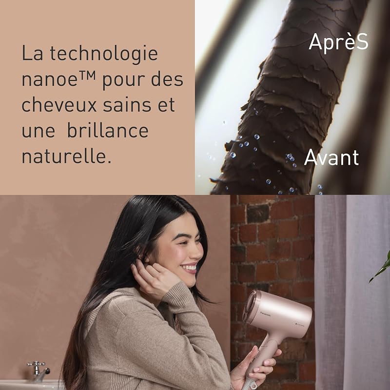 EH-NA7M-P825 Sèche-Cheveux Nanoe pour des Cheveux Brillants, Design Pliable, Séchage Rapide, Accessoire Concentrateur, 1600W, Rose Clair