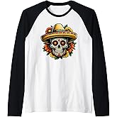Sugar Skull with Sombrero DE Los Muertos Mexico Day Raglan Baseball Tee