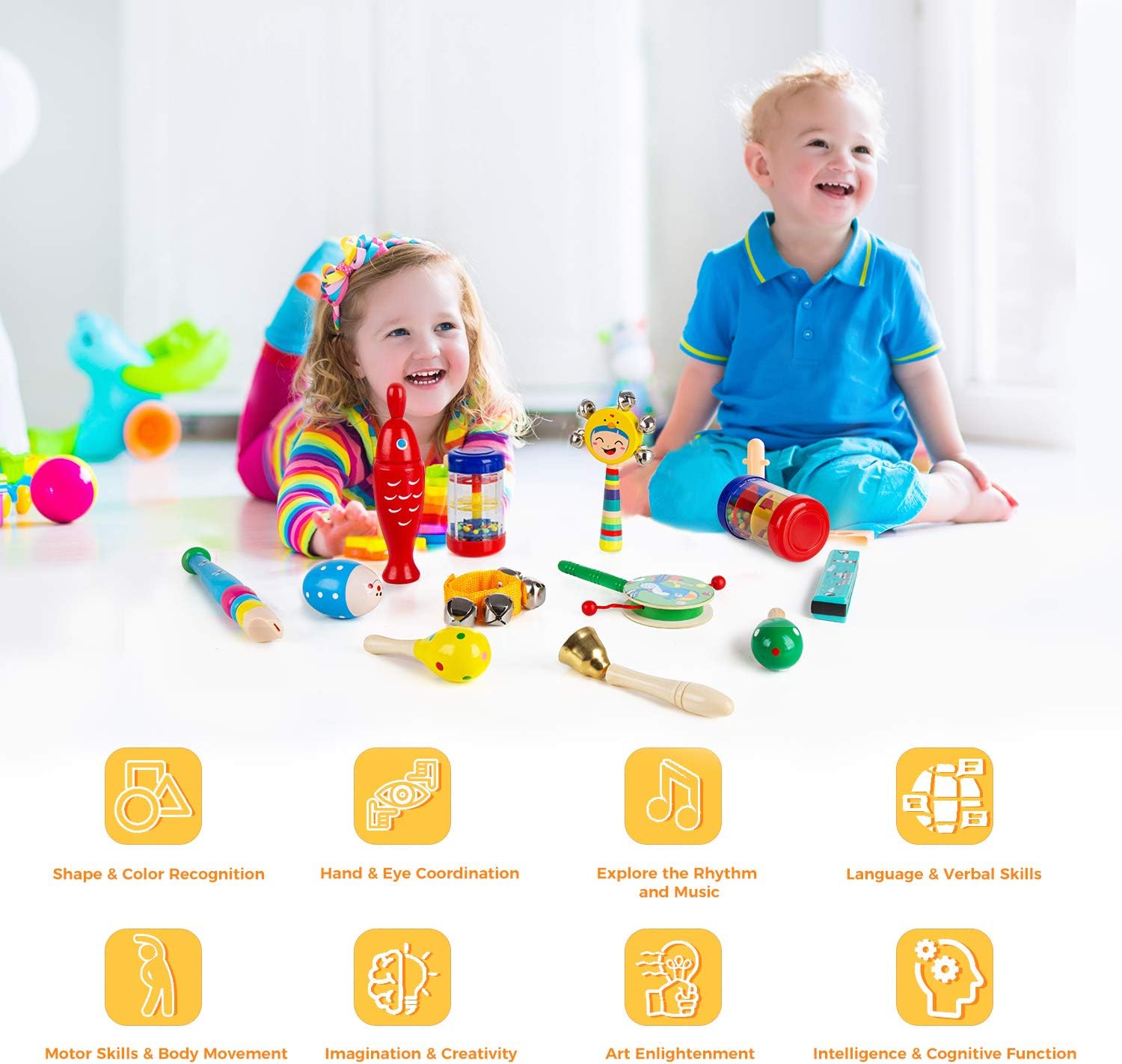Obuby Toddler Musical Instruments Sets Wooden Percussion Instruments Toy for Kids Preschool Educational Wood Toys with Storage Bag for Kid Baby Babies Children Boys and Girls: Toys & Games
