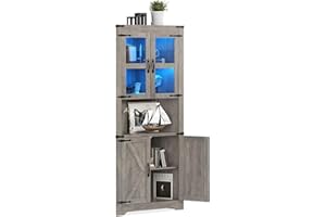 IDEALHOUSE 67-Inch High Corner Storage Cabinet with Lighting, Rustic Farmhouse Corner Display Hutch with Glass Panel Doors, W