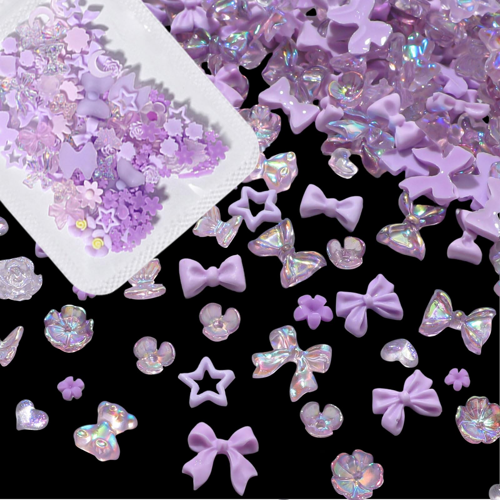 3D Nail Charms, 400 Pcs Multi Shapes Flower Bow Bear Heart Nail Art Charms Nail Rhinestones Gems Resin Nail Art Decorations Accessories Nail Jewels for Nail Design DIY Crafts (Purple)