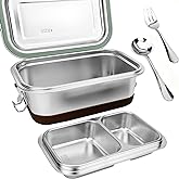 Lunbengo Large Metal Lunch Container with Leakproof Lid, Stainless Steel Meal Prep Container with 500ml Divided Compartments - Spoon&Fork/Anti-slip Rubber, 8.7'' x 5.5''