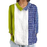 Women's Spring Boho Floral Print Cotton Linen 3/4 Sleeve Shirt Top Summer Casual Cute Lapel Loose Blouse