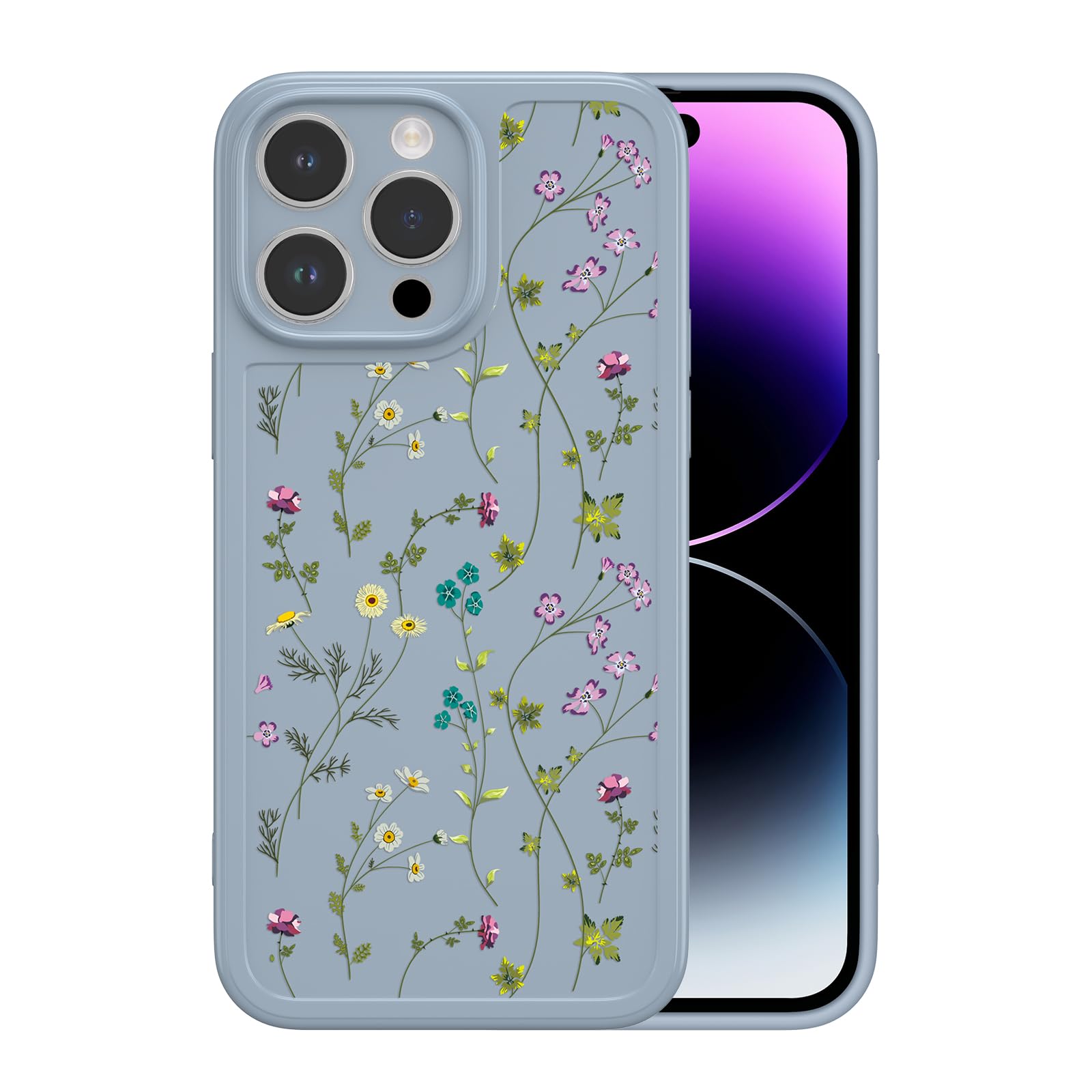 RALEAVO Flower Case for iPhone 14 Pro Max (6.7”), Girls Floral Silicone Shockproof Case Cover with Cute Patterns Protective Case for iPhone 14 Pro Max-Grey — image 1