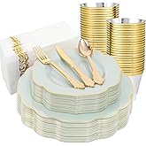 NOCCUR 175PCS Sage Green Plastic Plates with Gold Disposable Silverware - Include 50 Green and Gold Plastic Plates,25 Knives,25 Forks,25 Spoons,25 Cups and 25 Napkins - Ideal for Wedding/Spring Party