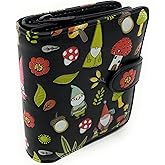 Shag Wear Gnome Forest Small Wallet for Women and Teen Girls Multiple Gnomes Mushrooms Plants Vegan Faux Leather Black 4.5"