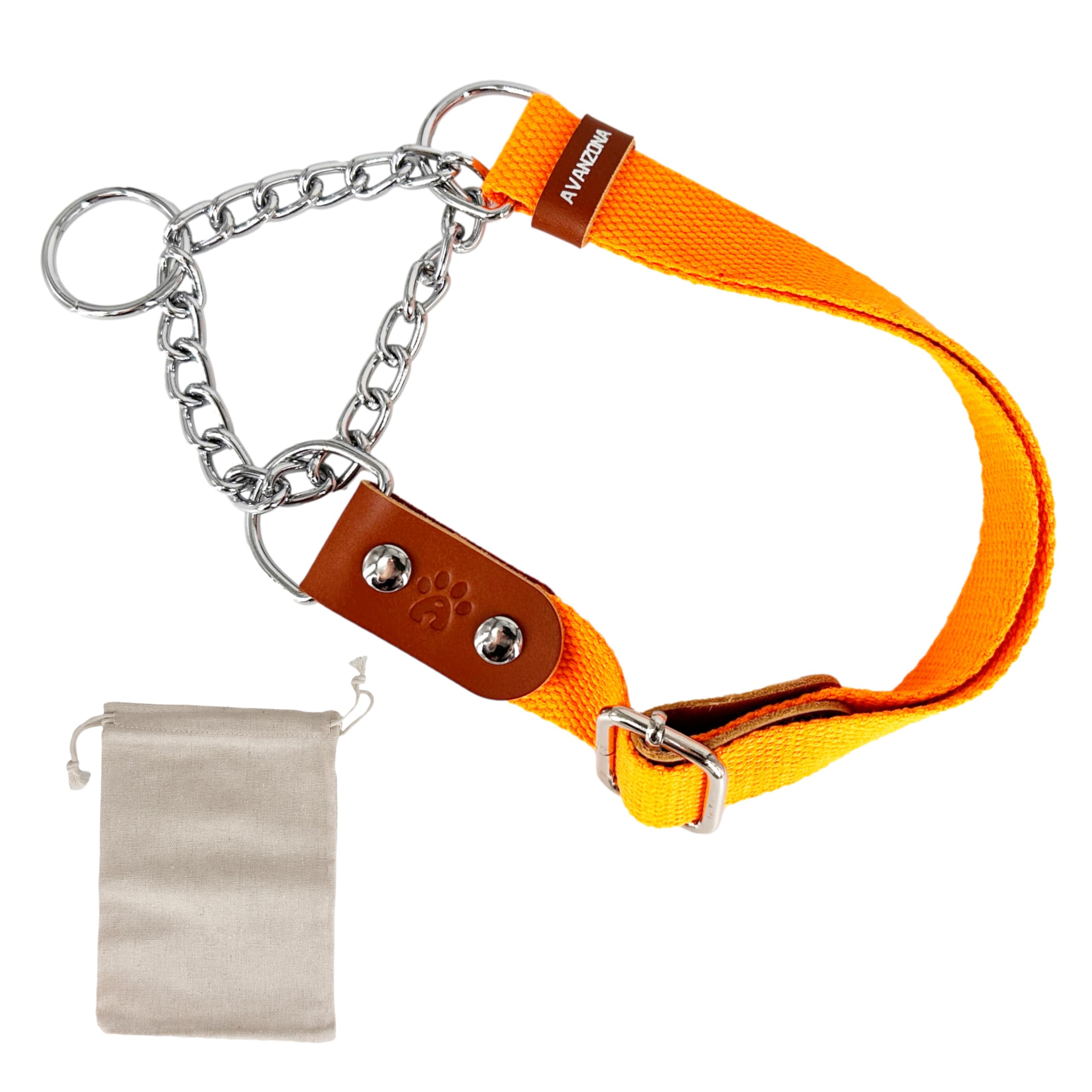 Dog Martingale Choke Collar with Chain and Leather, Antipull. S. Orange & Cognac — image 1