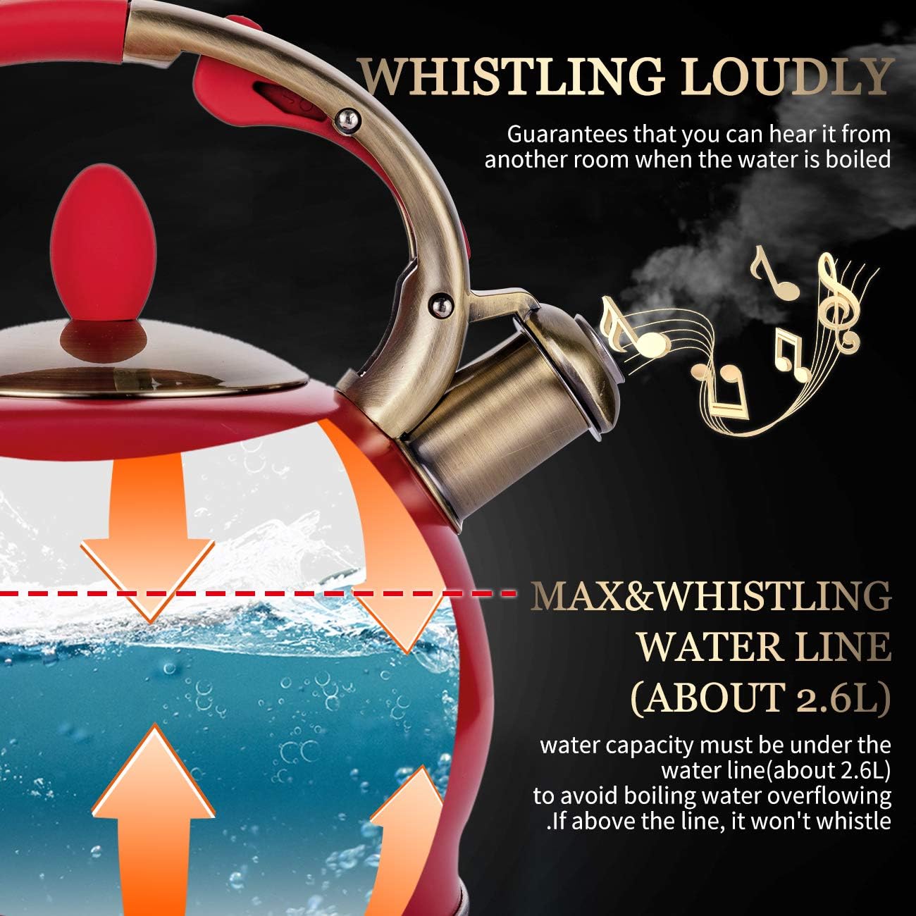 SUSTEAS Stove Top Whistling Tea Kettle-Surgical Stainless Steel Teakettle Teapot with Cool Touch Ergonomic Handle,1 Free Silicone Pinch Mitt Included,3 Liter(RED) - Image 5