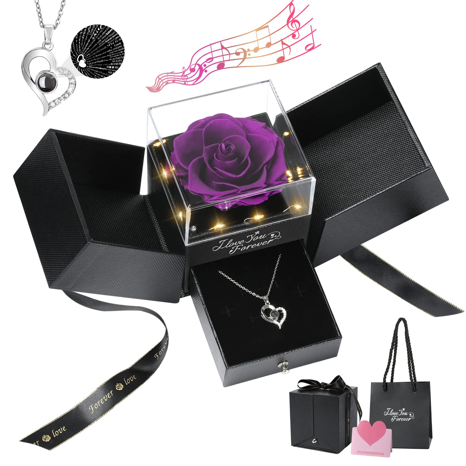 Emibele Preserved Real Purple Rose with Heart Shaped Necklace, Eternal Rose with I Love You Necklace in 100 Languages Music Box with Lights Romantic Gifts for Mom Grandma Wife Girlfriend Her