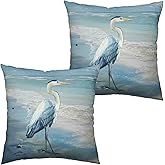 Kwlegh Summer Ocean Themed Pillow Covers 16x16 Set of 2 Blue Heron Beach Sea Wave Watercolor Painting Pillowcases Nautical Coastal Pelican Cushion Cases for Home Outdoor Couch Sofa